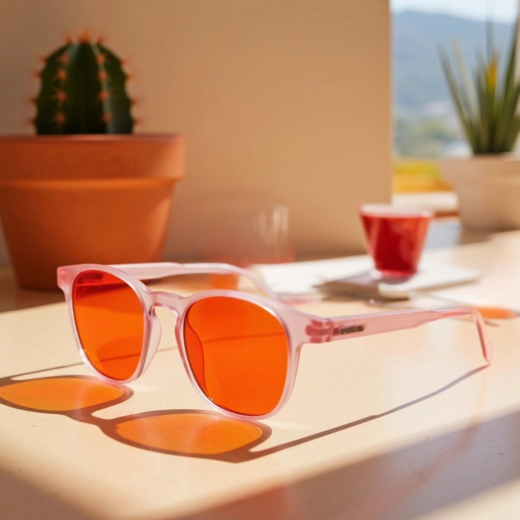 DreamWalkerz Prettier in Pink orange-lens glasses on a sunlit kitchen counter