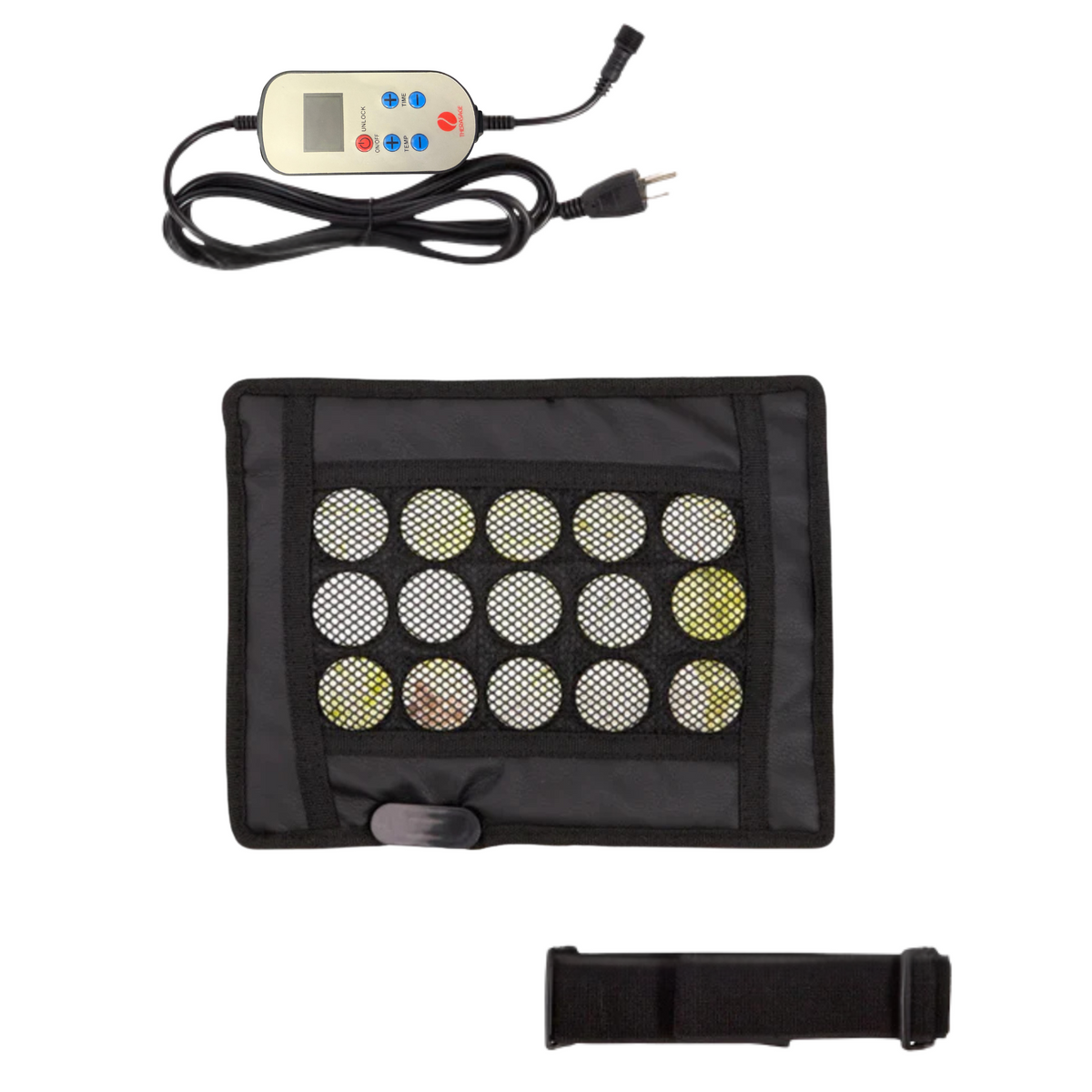 Therasage Healing Pad Mini Square with controller cord and adjustment strap, top view