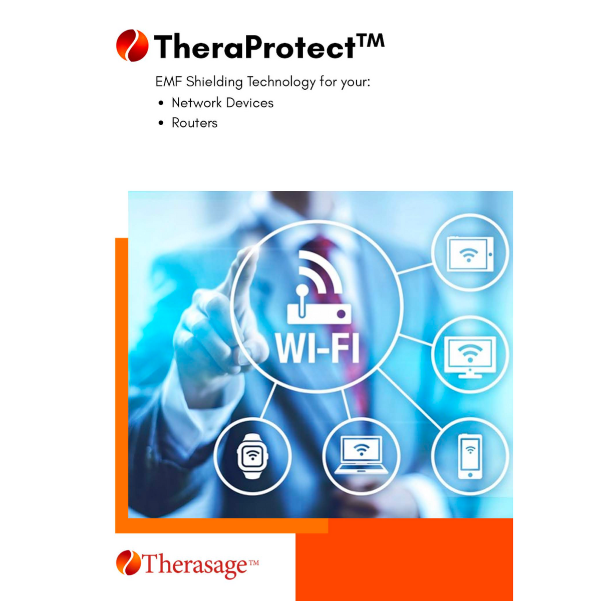 Therasage TheraProtect EMF shielding for network devices and routers, with Wi-Fi icons