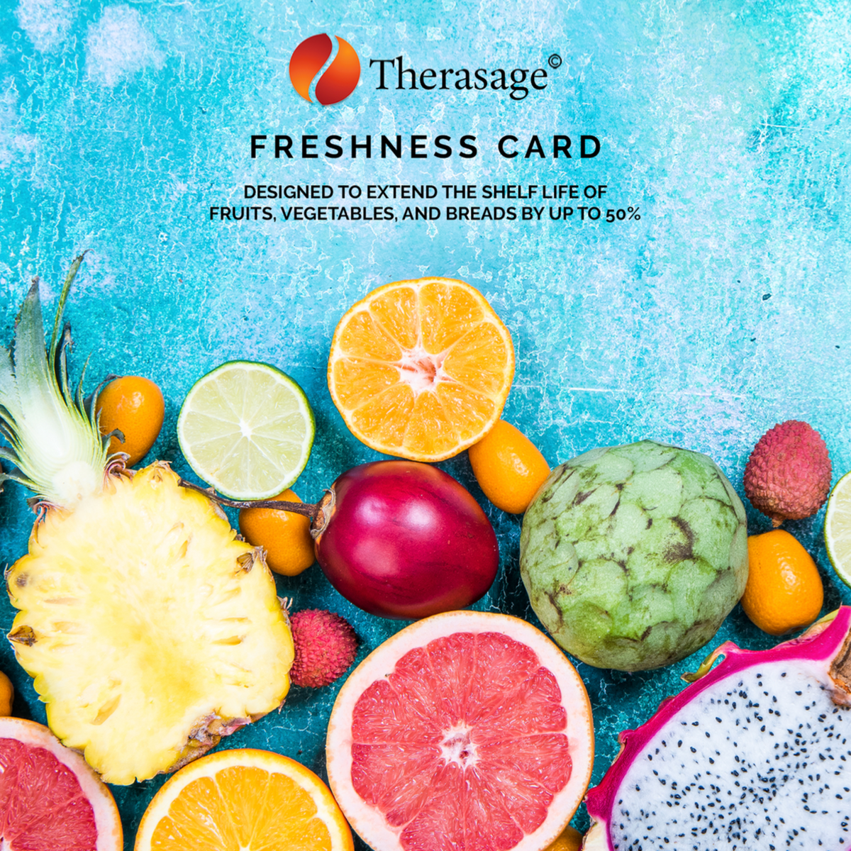 Therasage Freshness Card graphic with fruits on a blue background, designed to extend shelf life of produce