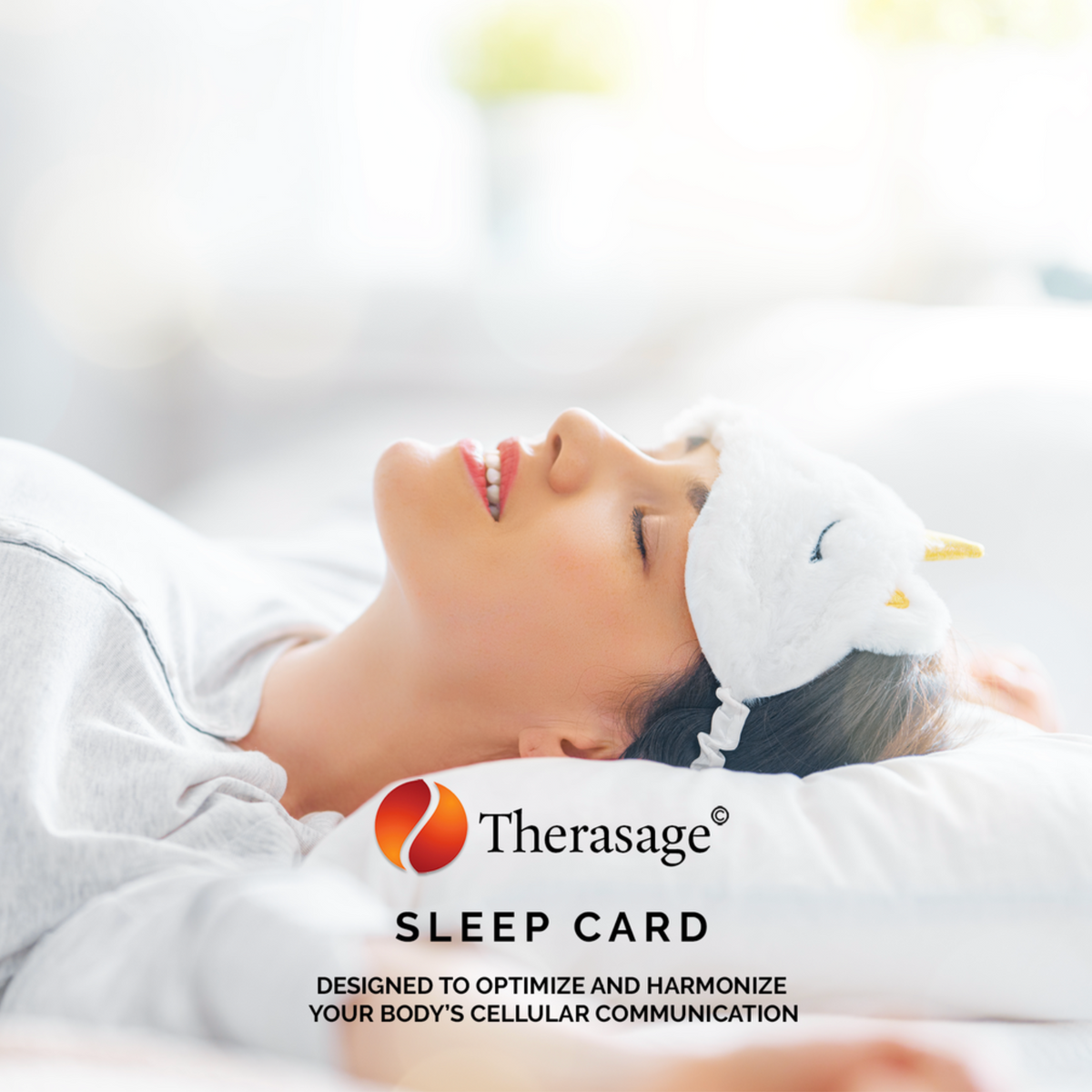 Therasage Sleep Card graphic of a woman lying on a pillow wearing a sleep mask
