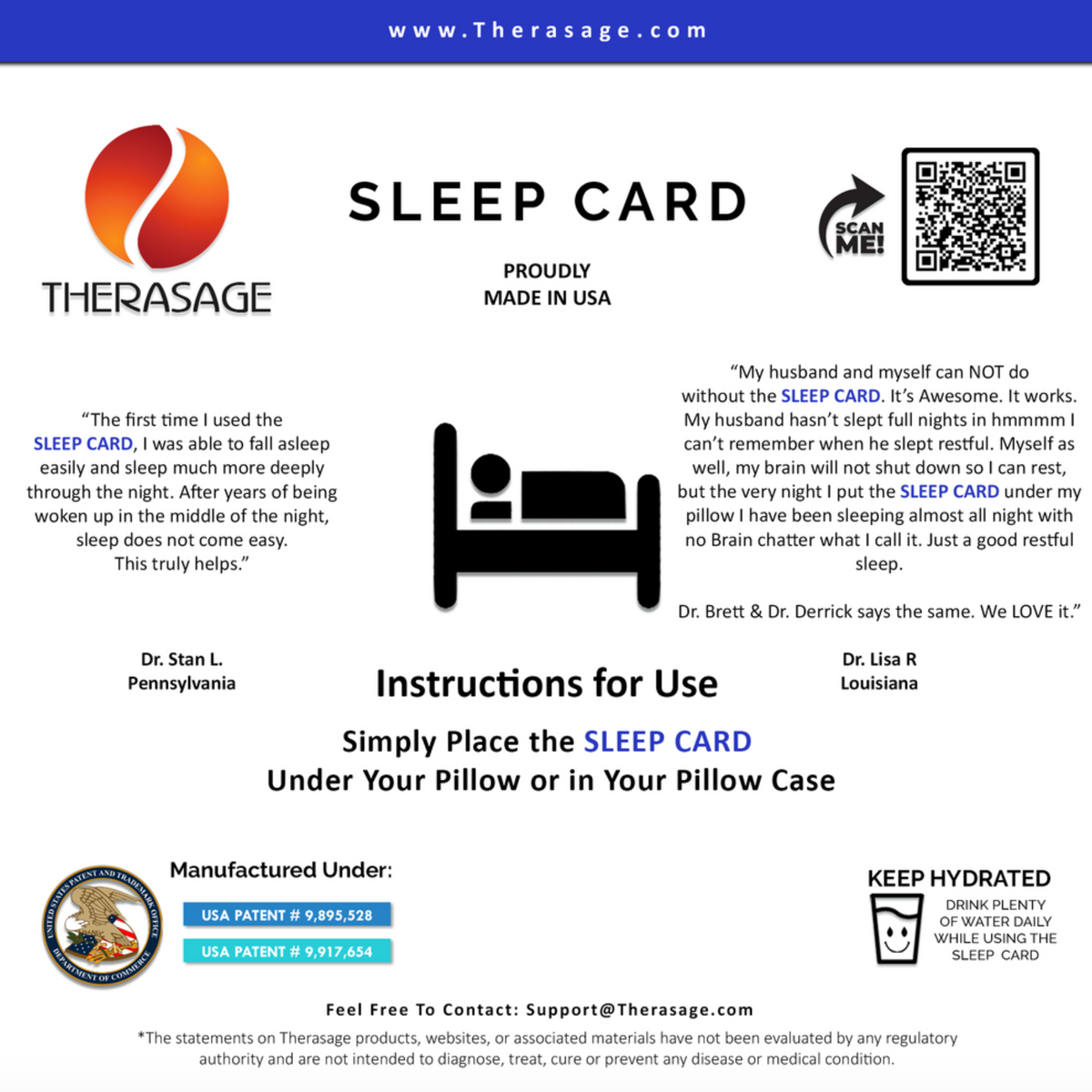Therasage Sleep Card instruction sheet with testimonials and a bed icon