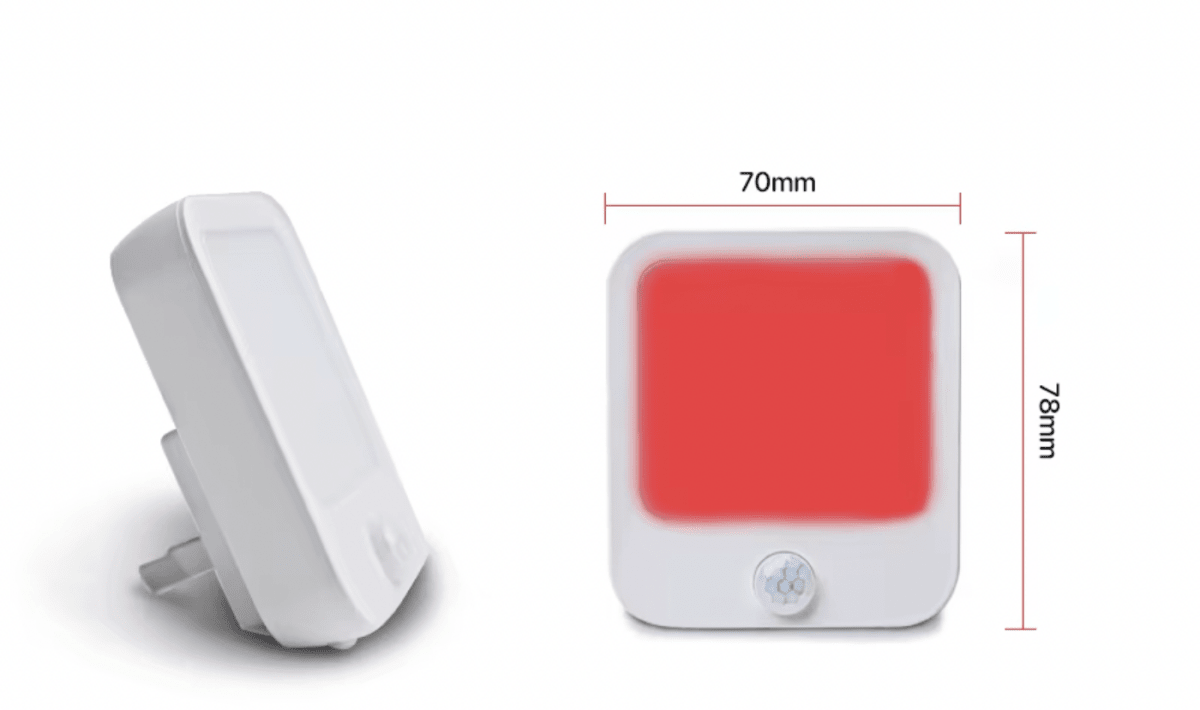 DreamWalkerz red nightlight dimensions: 70mm by 78mm, shown from the side and front