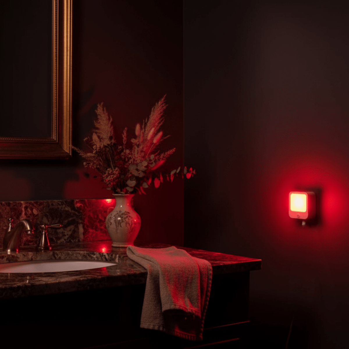 DreamWalkerz red nightlight glowing in a dark bathroom with a vase of dried flowers