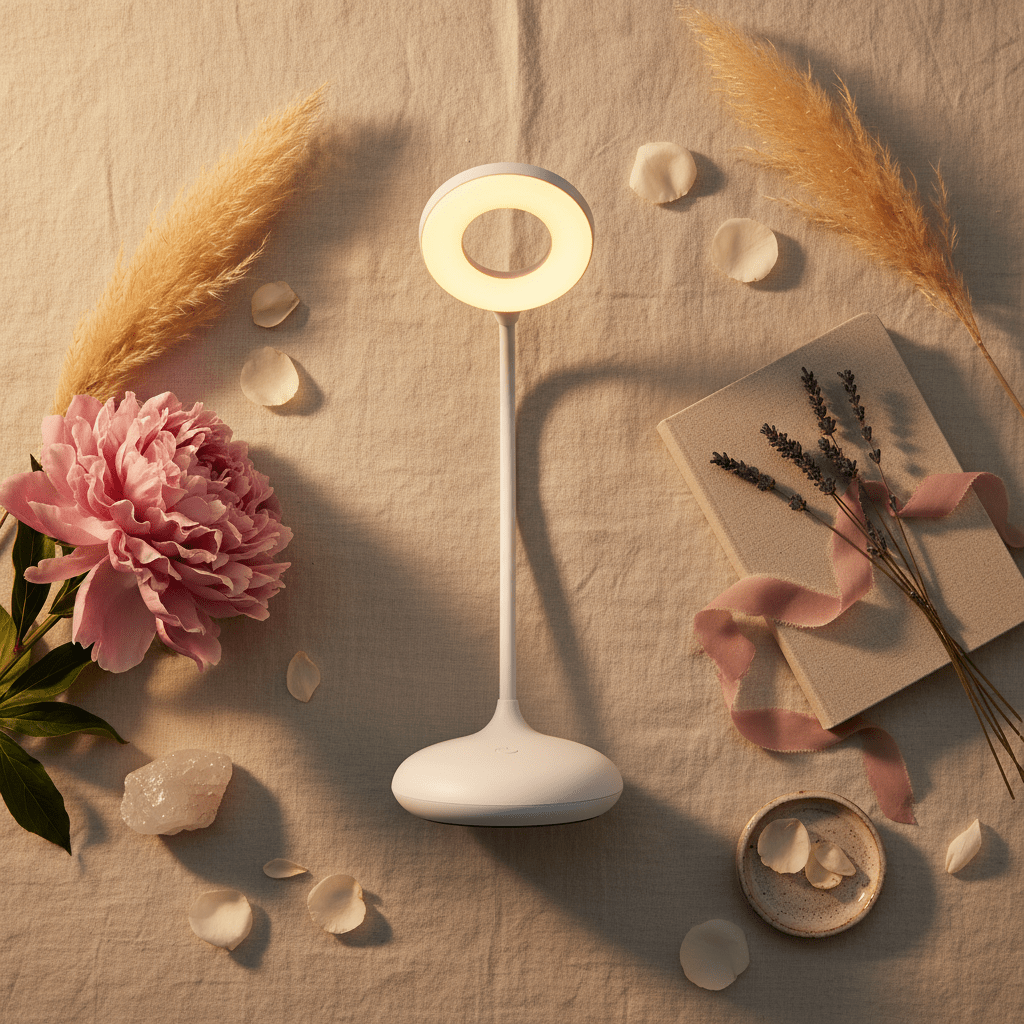 DreamWalkerz nursery ring lamp on a linen cloth with peony, pampas grass and a book