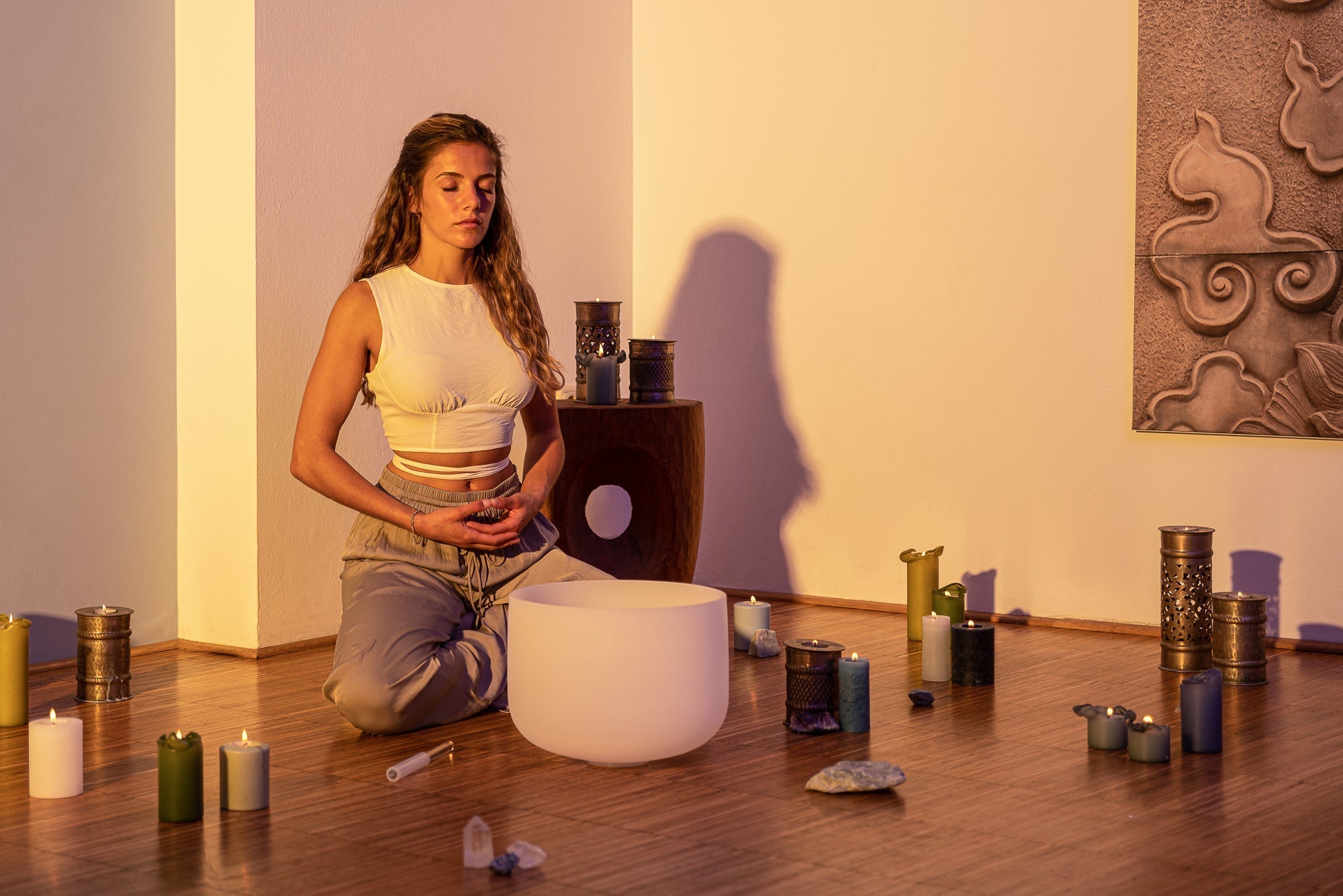 432 Hz 8" - 14" Crystal Singing Bowls Chakra Set of 7 - Pure White Frosted Quartz Sound Healing LAB