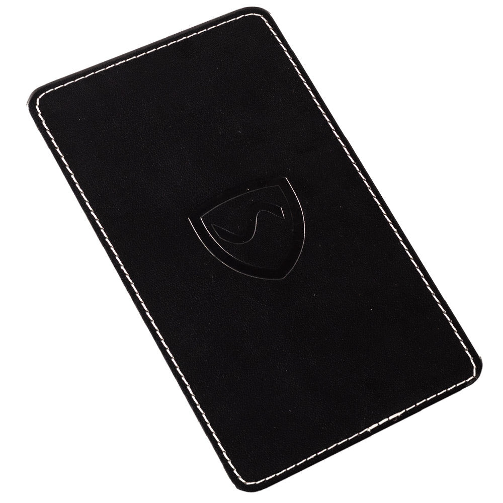Shield Your Body Phone Shield in black vegan leather with white stitching