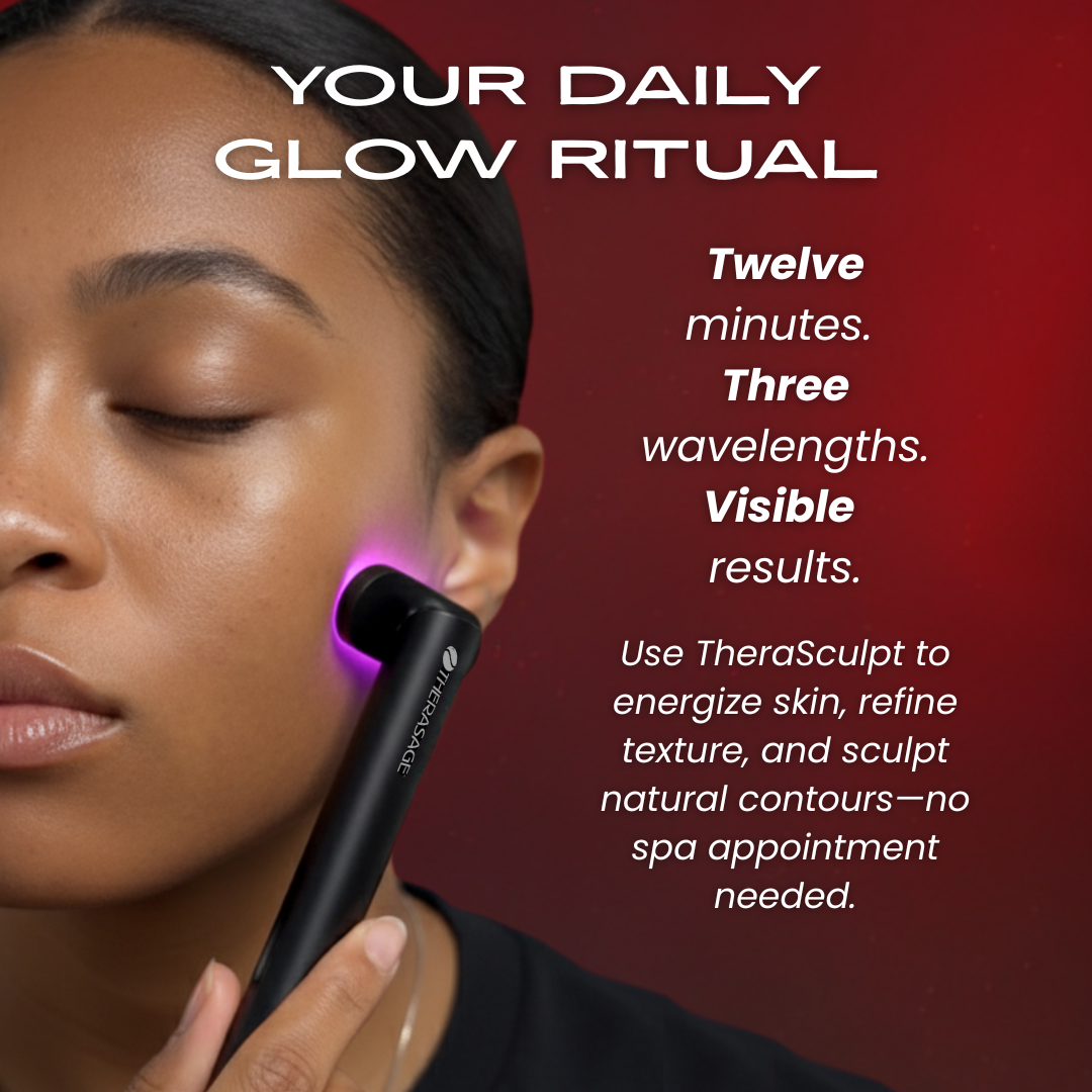 Your daily glow ritual: woman using the Therasage TheraSculpt with purple light on her cheek, 12 minutes
