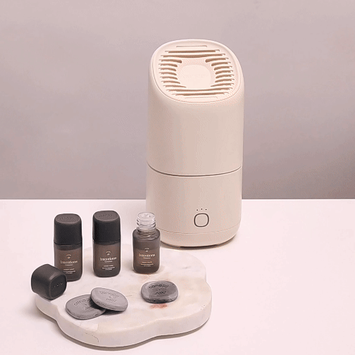 Canopy humidifier beside Restore aroma bottles and felt diffusers on a marble dish