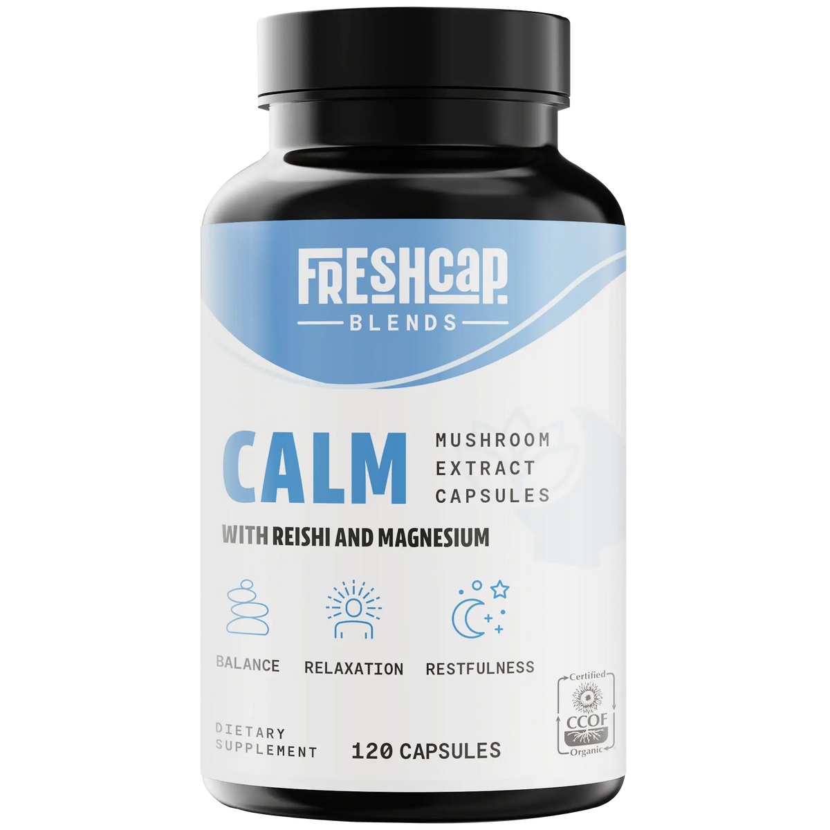 FreshCap Mushrooms Calm Blend Capsules bottle with reishi and magnesium: balance, relaxation, restfulness, 120 capsules