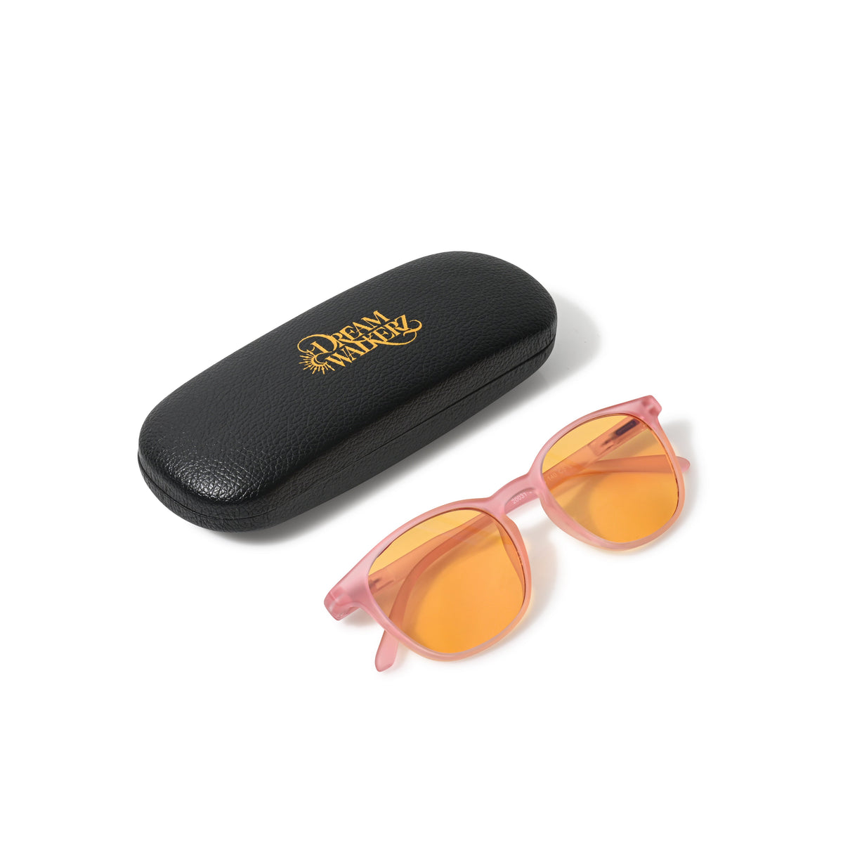 DreamWalkerz Prettier in Pink glasses beside the black DreamWalkerz hard case