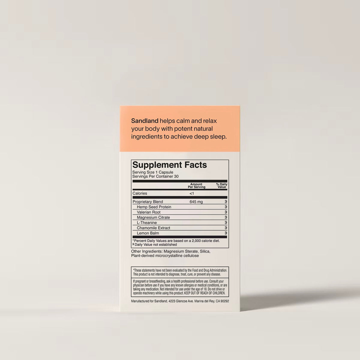 Back of the Sandland Sleep Deep Sleep box with supplement facts