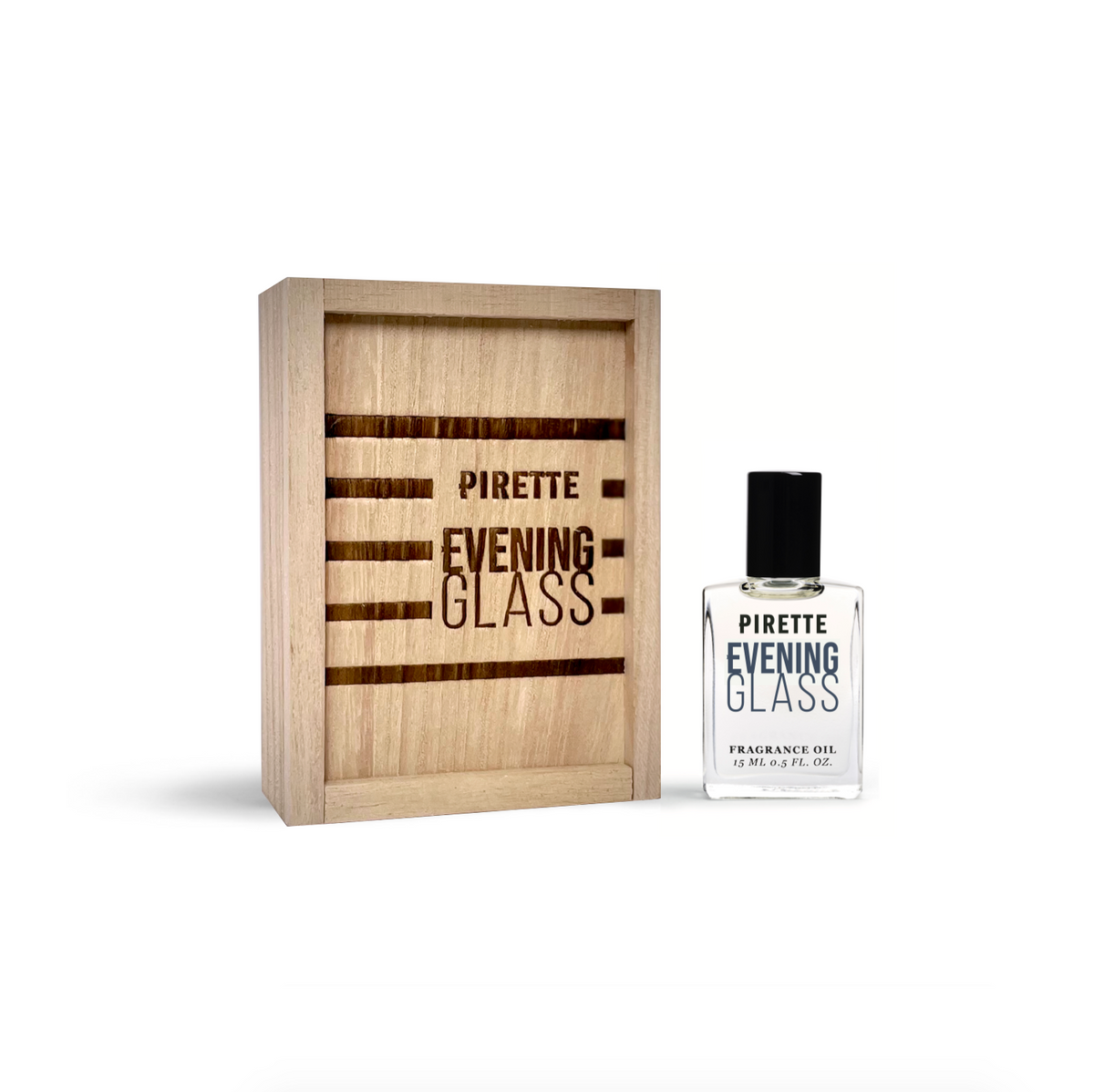 Pirette Evening Glass fragrance oil bottle and wooden box on a white background