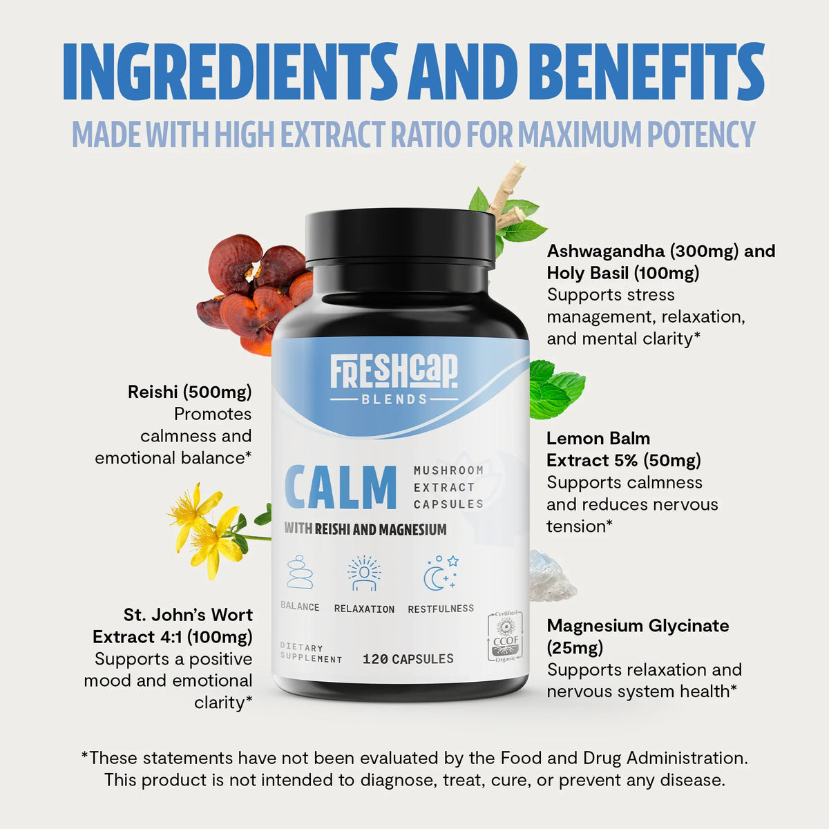 FreshCap Mushrooms Calm Blend ingredients and benefits: reishi, ashwagandha, holy basil, lemon balm, magnesium, St. John's