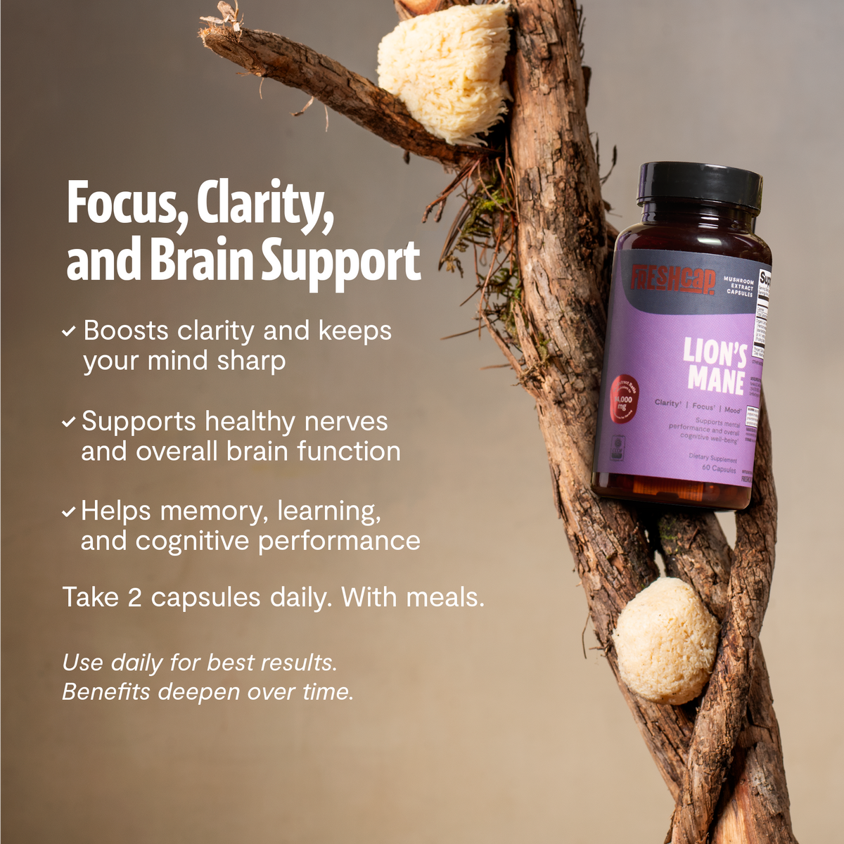 FreshCap Mushrooms Lion's Mane Capsules for focus, clarity and brain support: take 2 capsules daily with meals