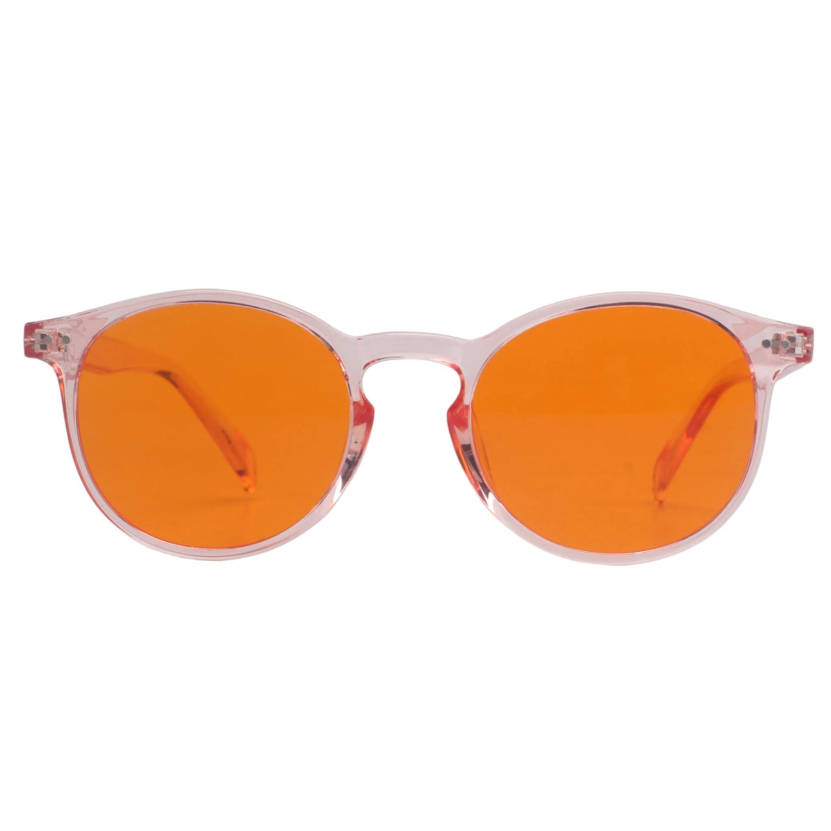 DreamWalkerz Rose Quartz blue light blocking glasses with pink frames and orange lenses, front view
