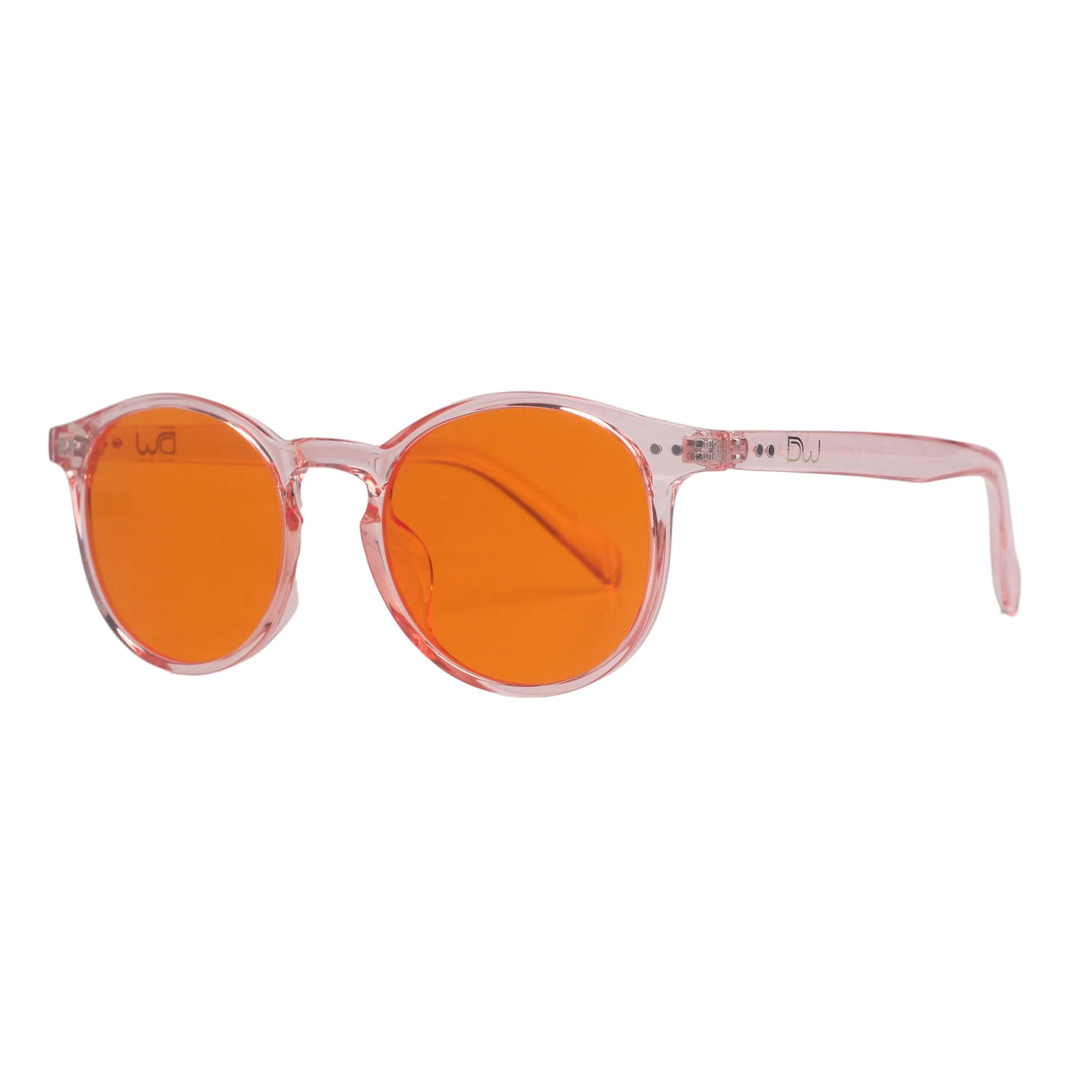 DreamWalkerz Rose Quartz glasses with pink frames and orange lenses, angled view