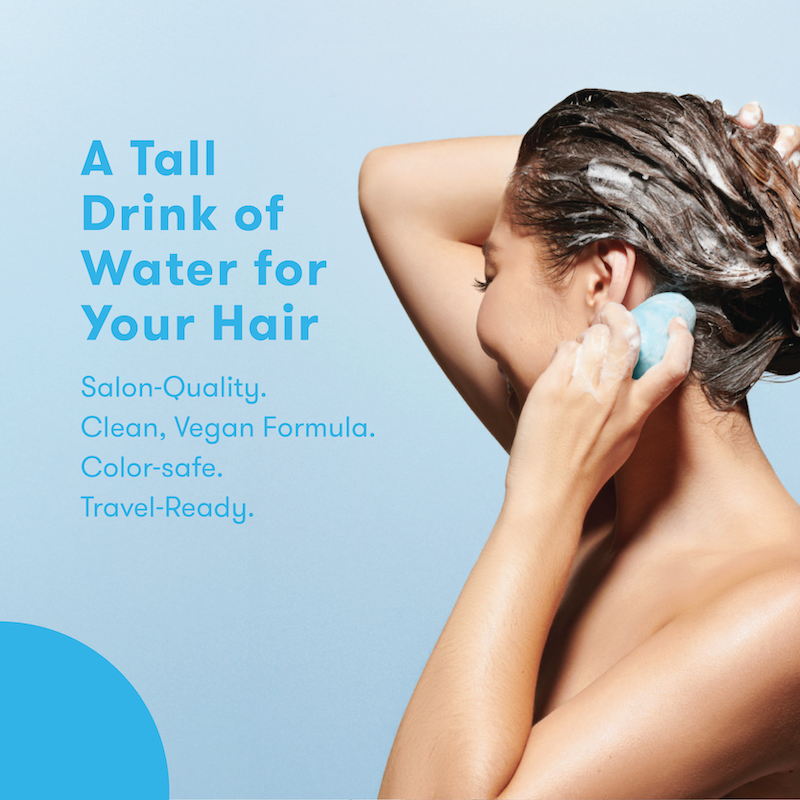 A tall drink of water for your hair: woman lathering with HiBAR Moisturize Shampoo Bar