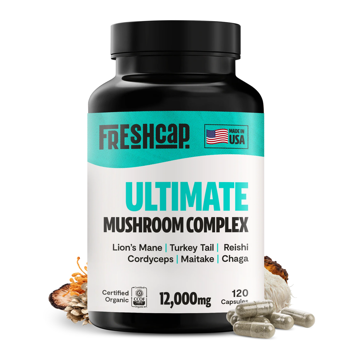 FreshCap Mushrooms Mushroom Complex Capsules bottle on white, 12,000mg, 120 capsules, USDA organic