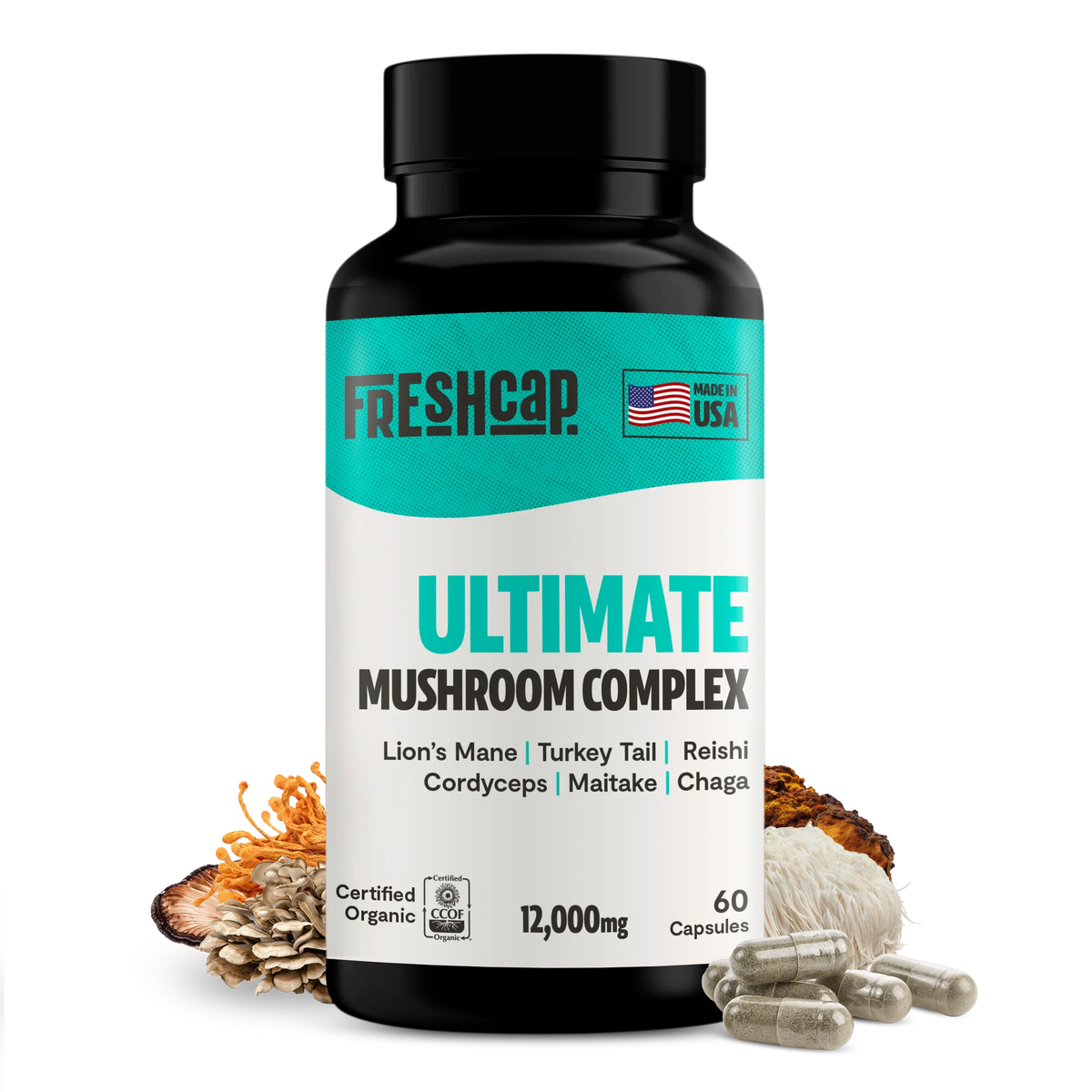 FreshCap Mushrooms Mushroom Complex Capsules bottle on white, 12,000mg, 60 capsules, USDA organic