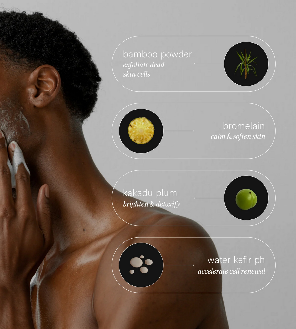 Jack Henry Super Face Cleanser ingredients: bamboo powder, bromelain, kakadu plum and water kefir, man washing face