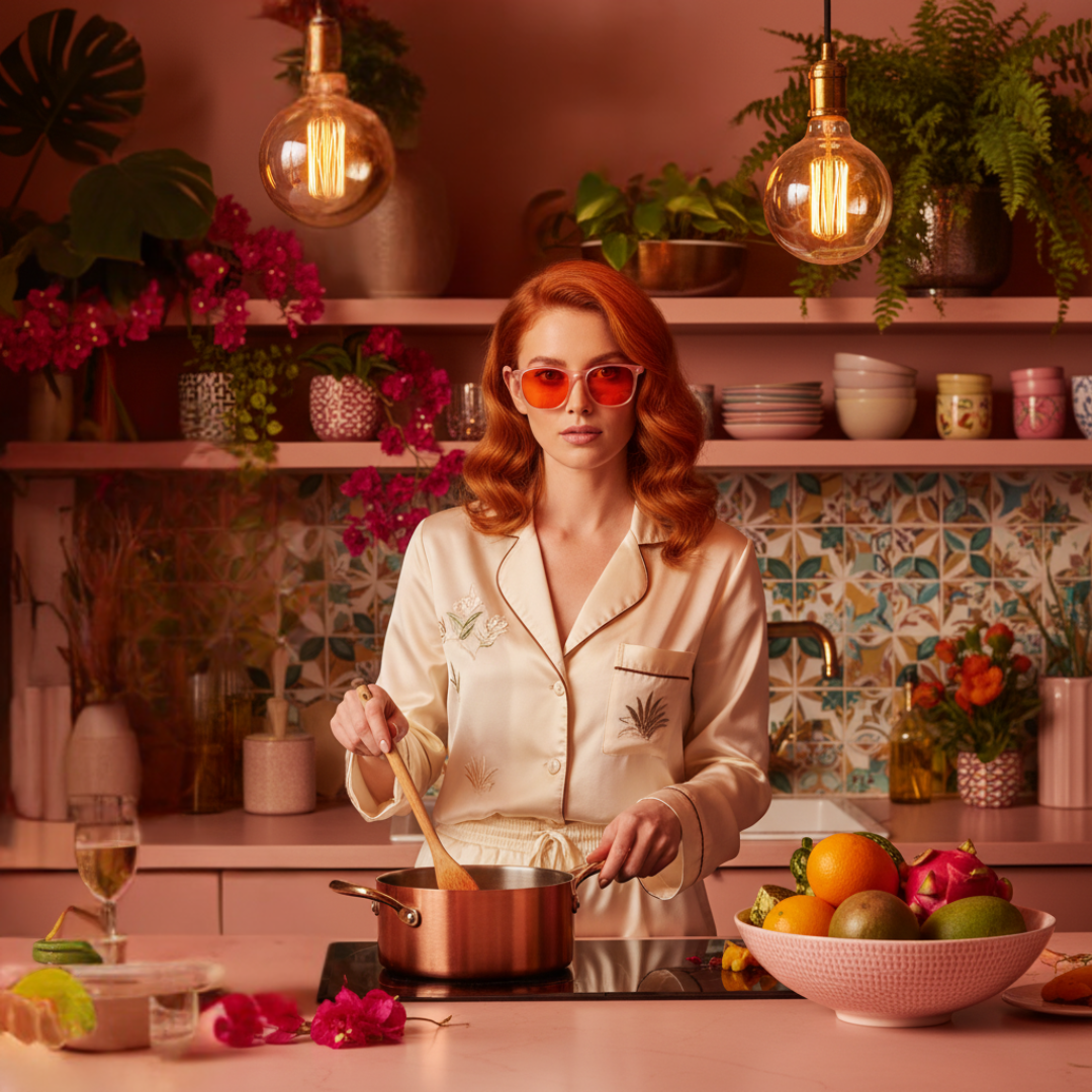 Red-haired woman cooking in a pink kitchen wearing DreamWalkerz Prettier in Pink orange-lens glasses