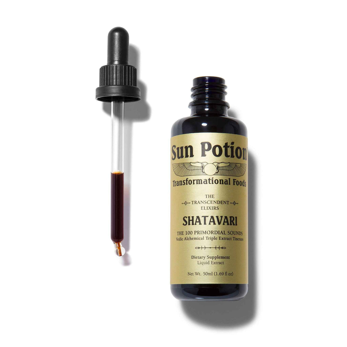 Sun Potion Shatavari Transcendent Elixir 50 ml dropper bottle beside its glass dropper
