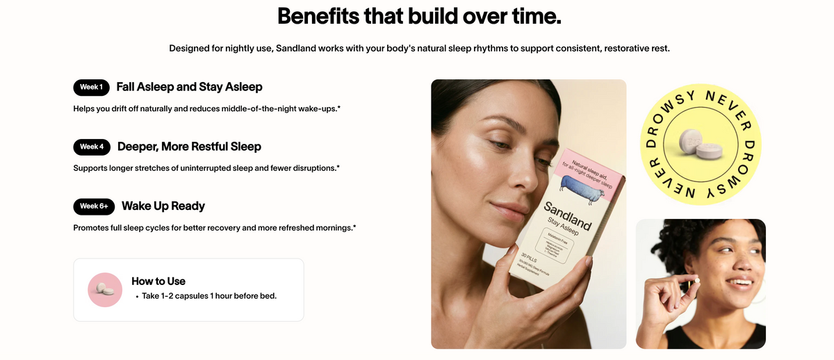 Advertisement for Sandland sleep aid with product packaging, woman holding it, and text about benefits.
