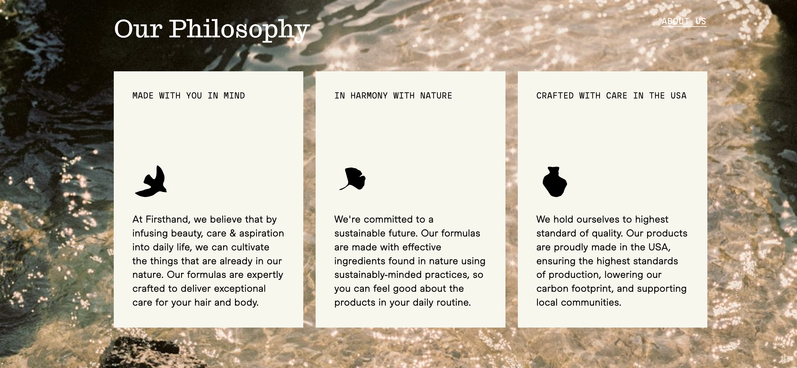 Three white cards with black text on a natural background, detailing the brand's philosophy.