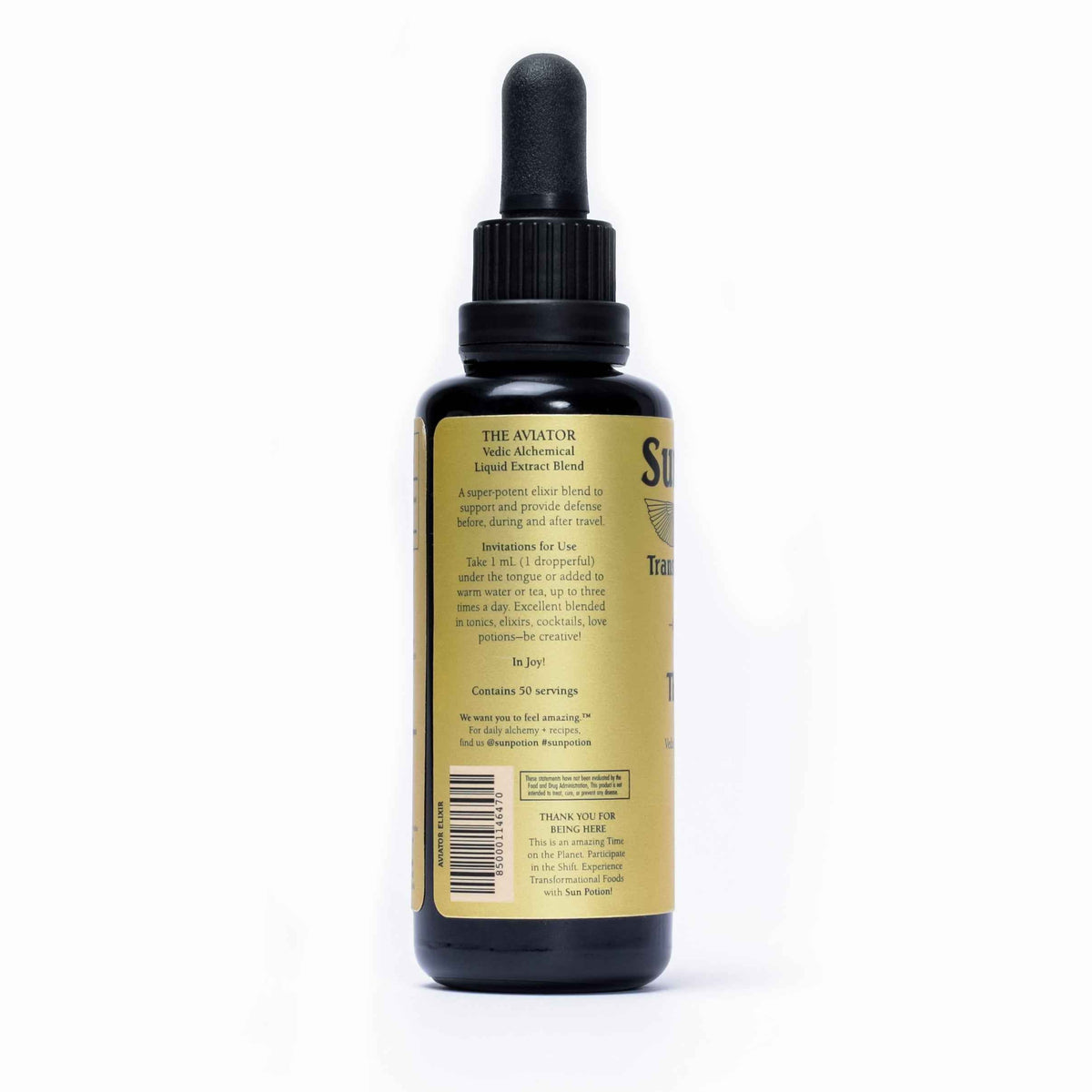 Side of the Sun Potion The Aviator Transcendent Elixir bottle with instructions for use and barcode