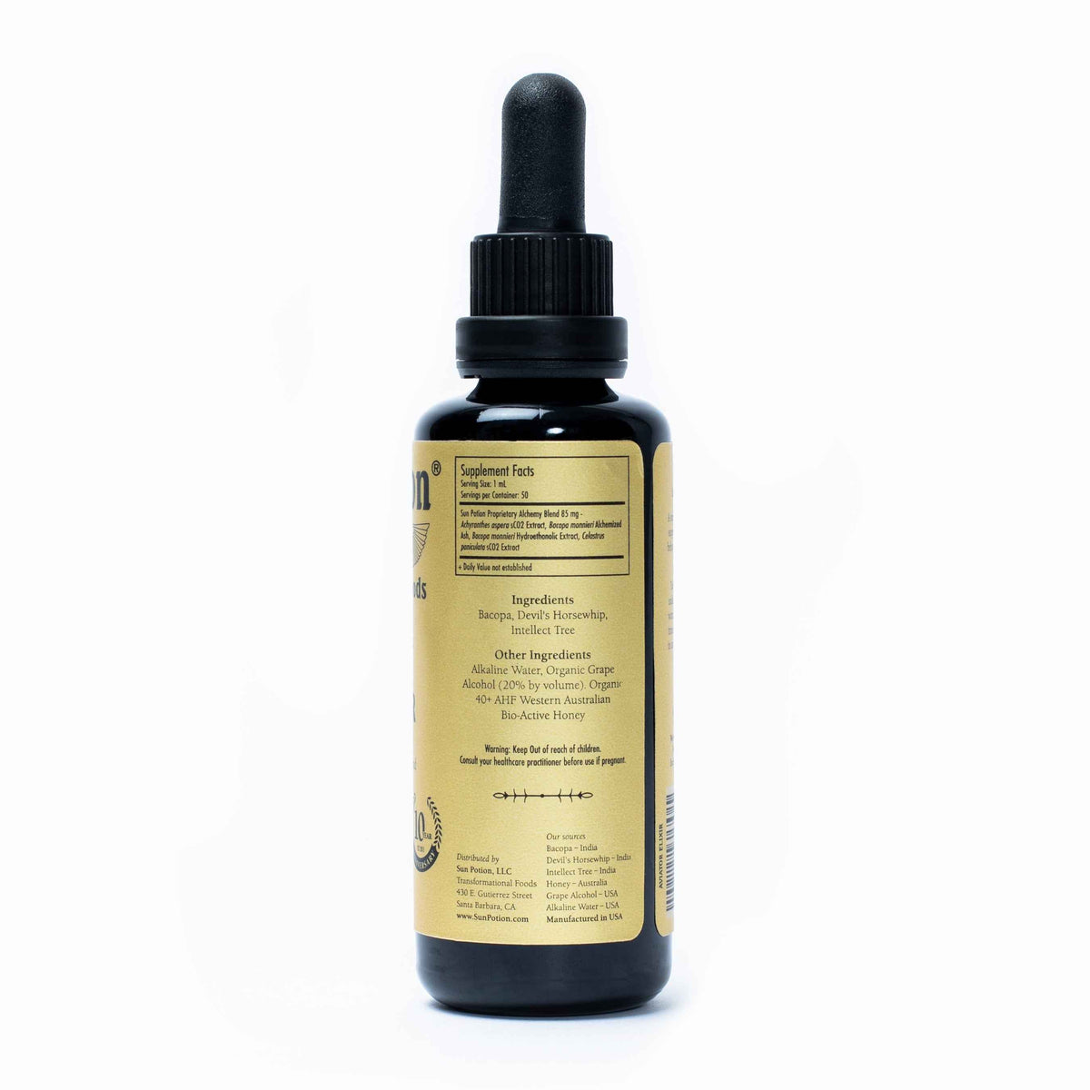 Back of the Sun Potion The Aviator Transcendent Elixir bottle with supplement facts and ingredients