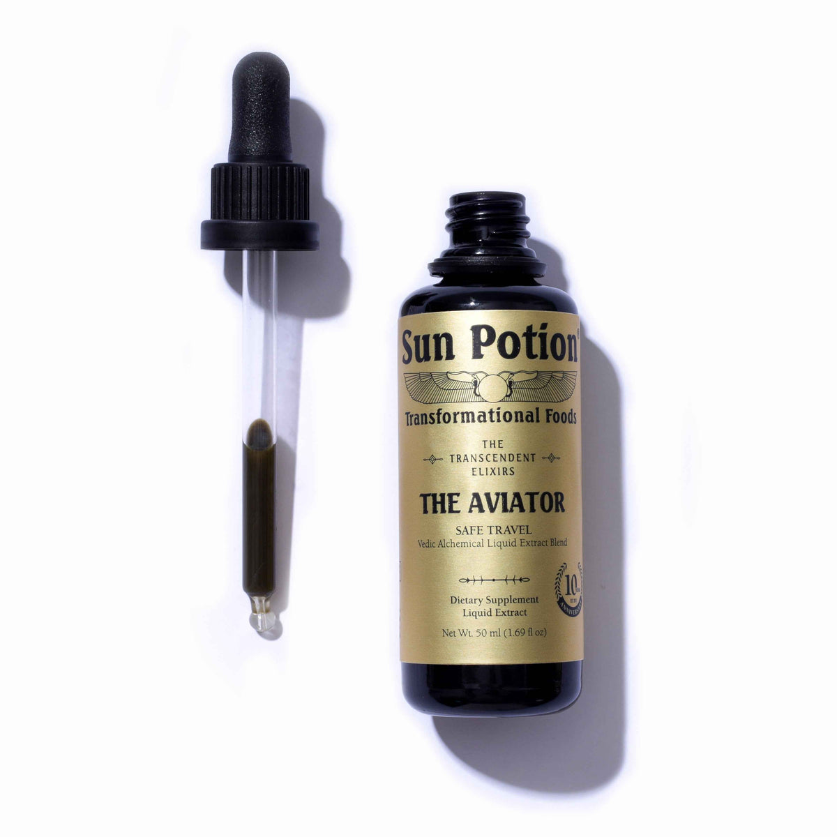 Sun Potion The Aviator Transcendent Elixir 50 ml dropper bottle beside its glass dropper