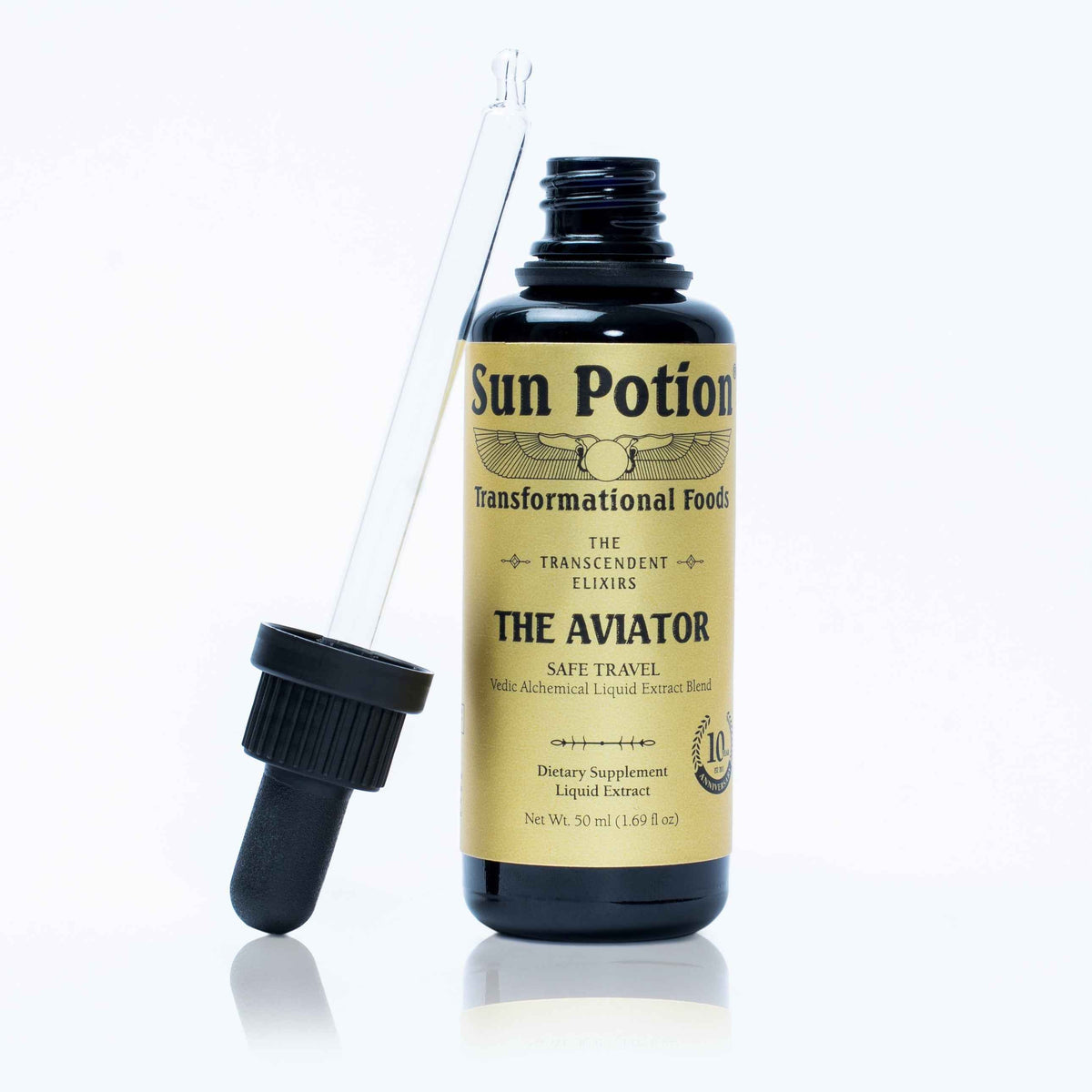 Sun Potion The Aviator Transcendent Elixir bottle with the dropper lifted out