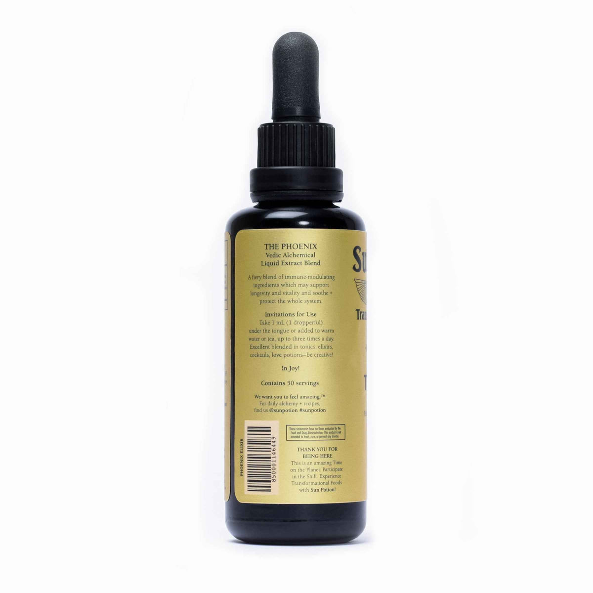 Side of the Sun Potion The Phoenix Transcendent Elixir bottle with instructions for use and barcode