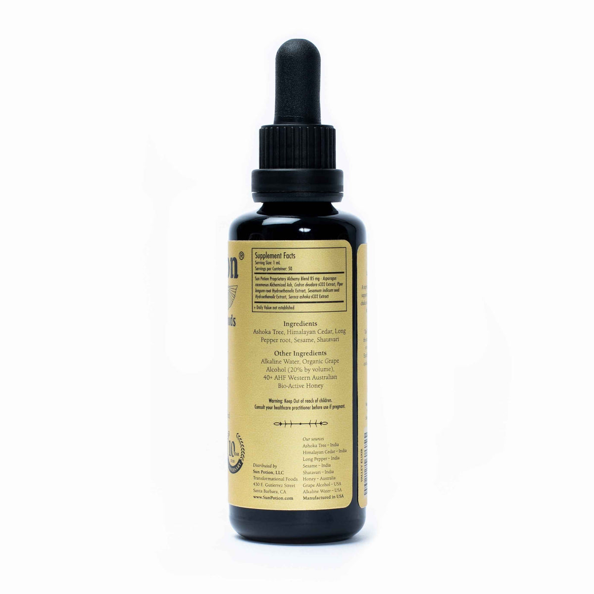 Back of the Sun Potion The Valley Transcendent Elixir bottle with supplement facts and ingredients