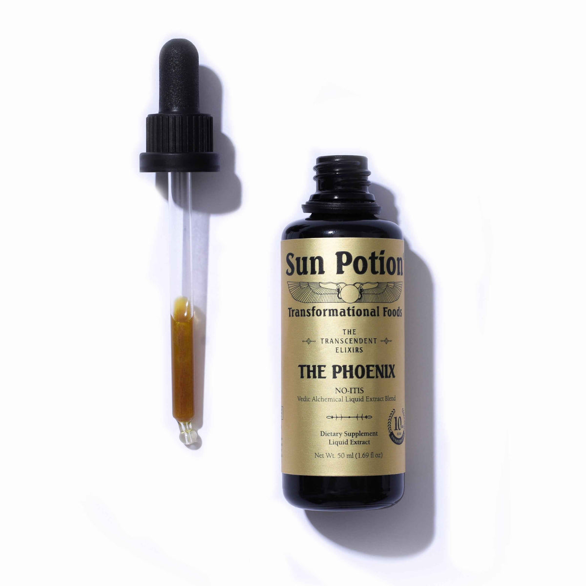 Sun Potion The Phoenix Transcendent Elixir 50 ml dropper bottle beside its glass dropper