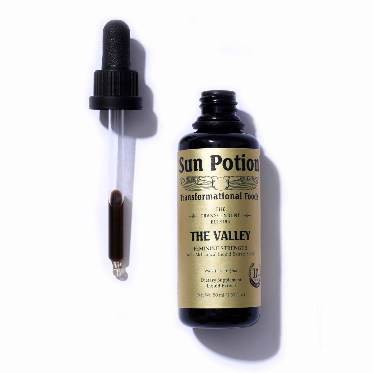 Sun Potion The Valley Transcendent Elixir 50 ml dropper bottle beside its glass dropper