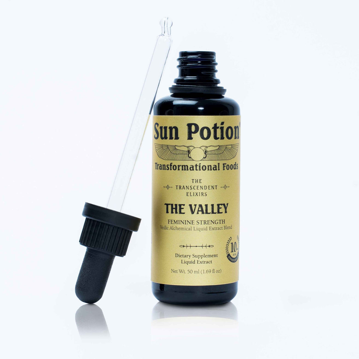 Sun Potion The Valley Transcendent Elixir bottle with the dropper lifted out