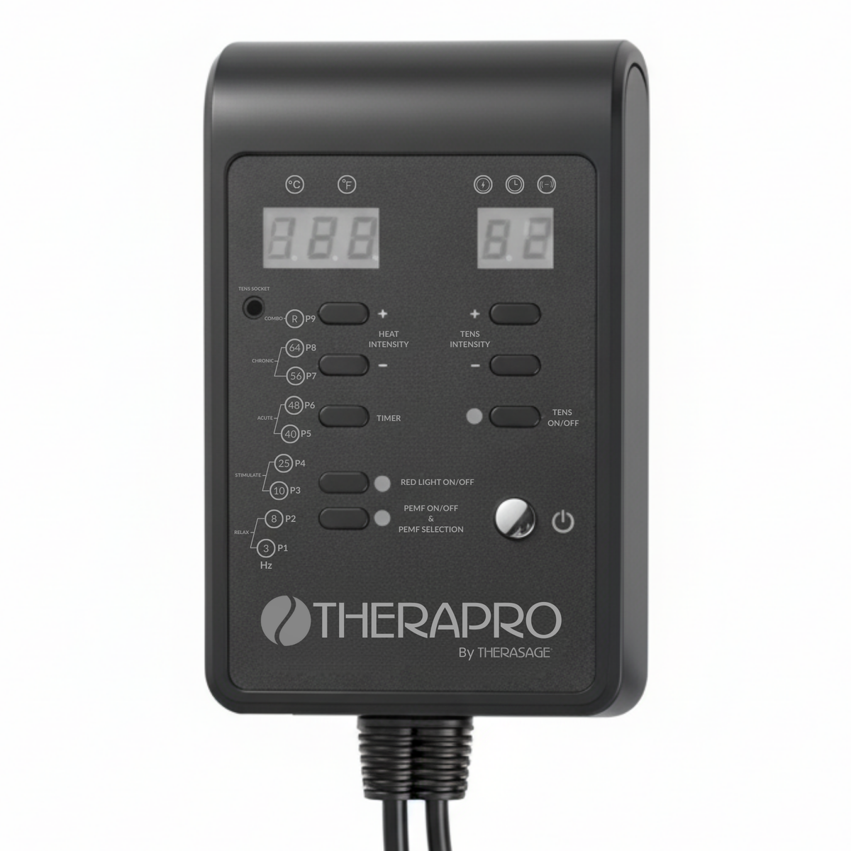 Front of the Therasage TheraPro controller with digital displays and buttons