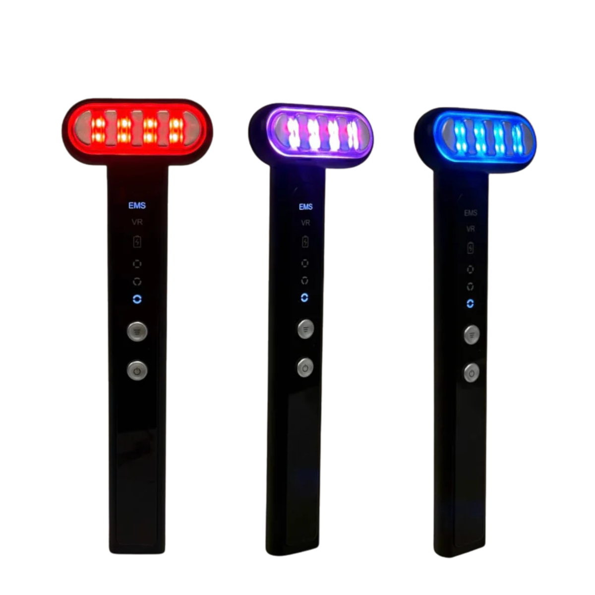 Three Therasage TheraSculpt wands glowing red, purple and blue against a dark background