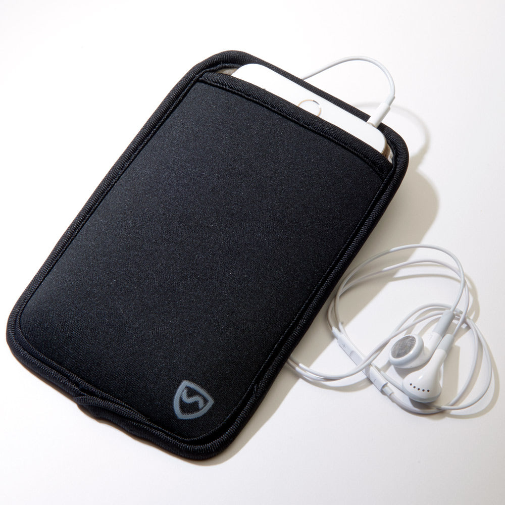 Shield Your Body Phone Pouch in black neoprene holding a phone with earbuds