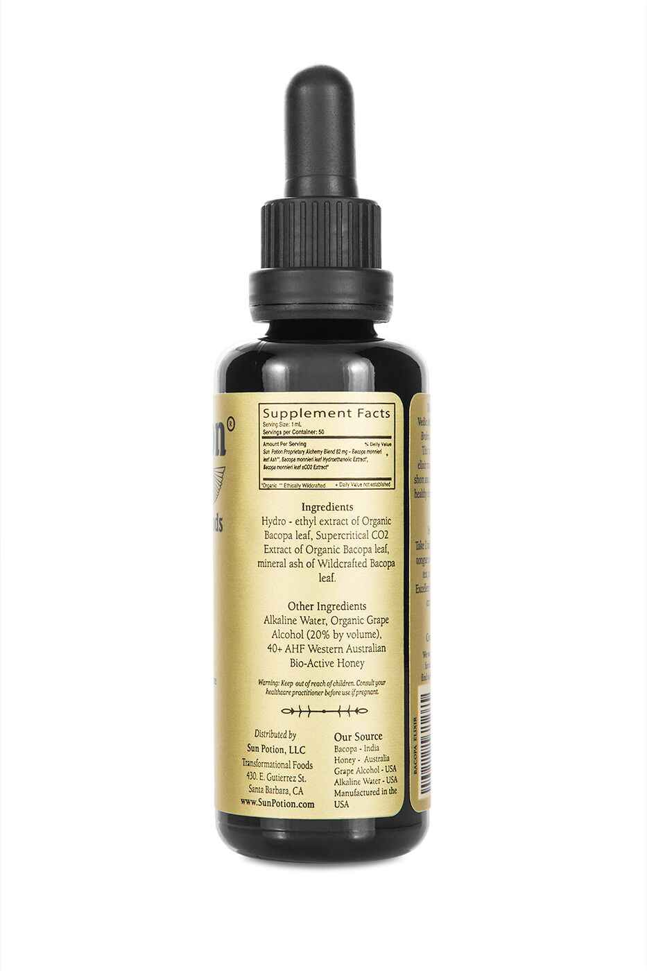 Back of the Sun Potion Bacopa Transcendent Elixir bottle with supplement facts and ingredients