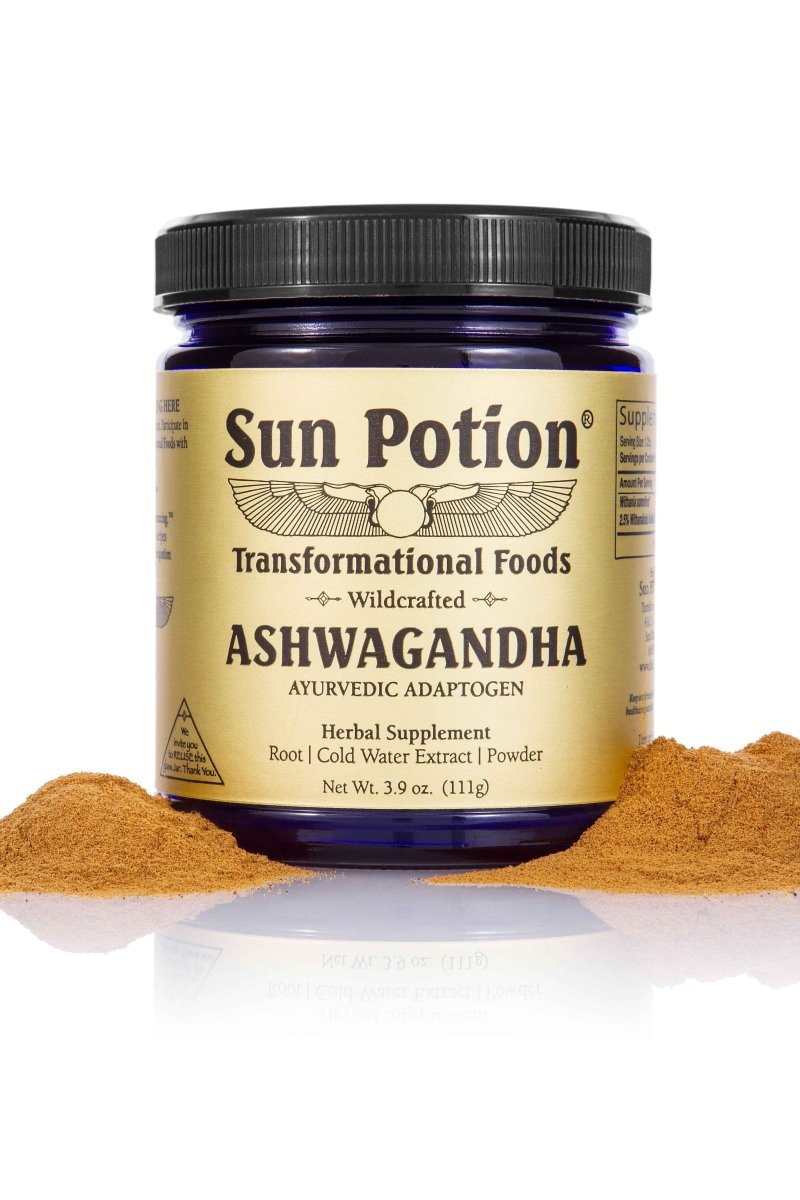 Sun Potion Ashwagandha jar standing on a mound of ashwagandha powder