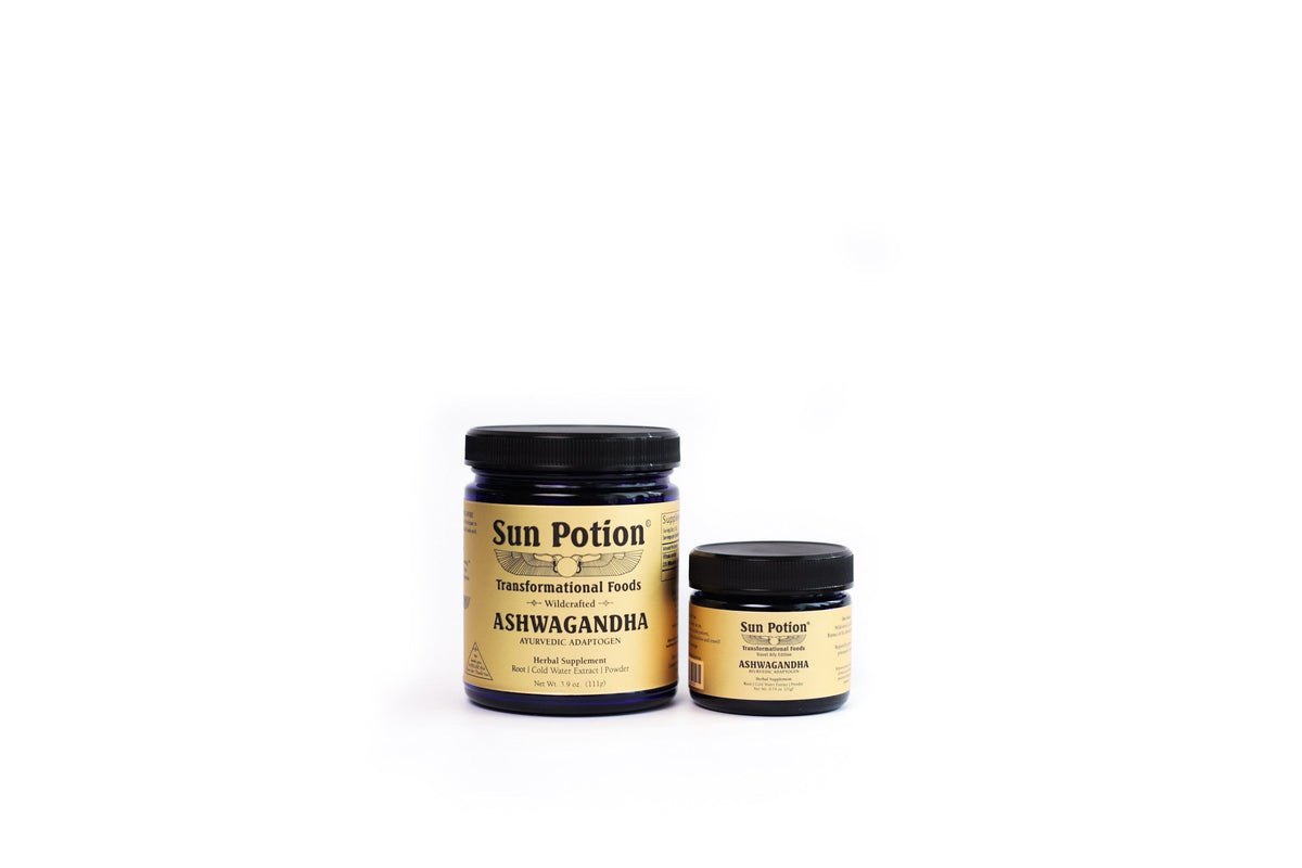 Sun Potion Ashwagandha Travel Ally Edition small jar beside the full-size Ashwagandha jar