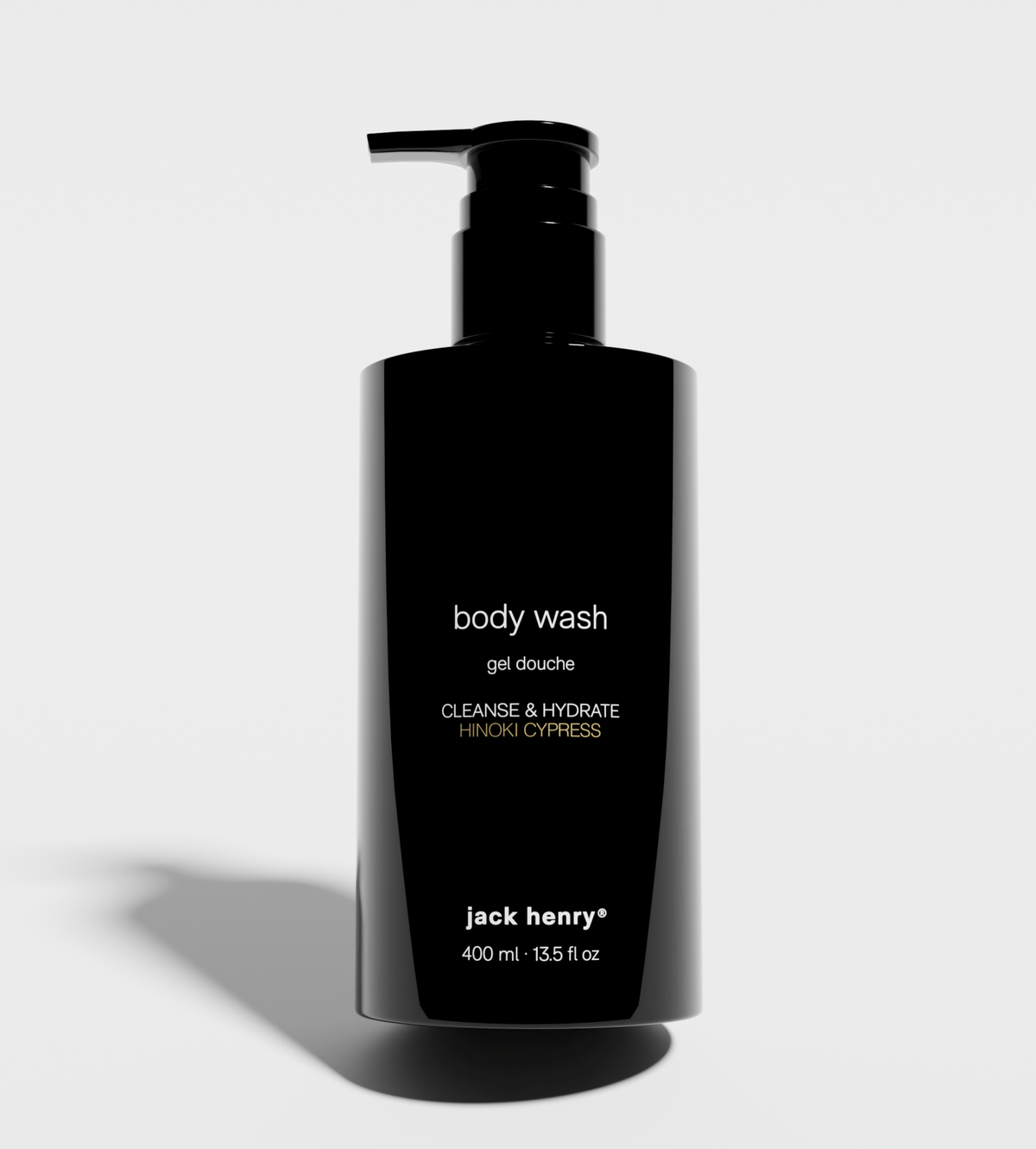 Jack Henry Body Wash 400 ml black pump bottle in Hinoki Cypress