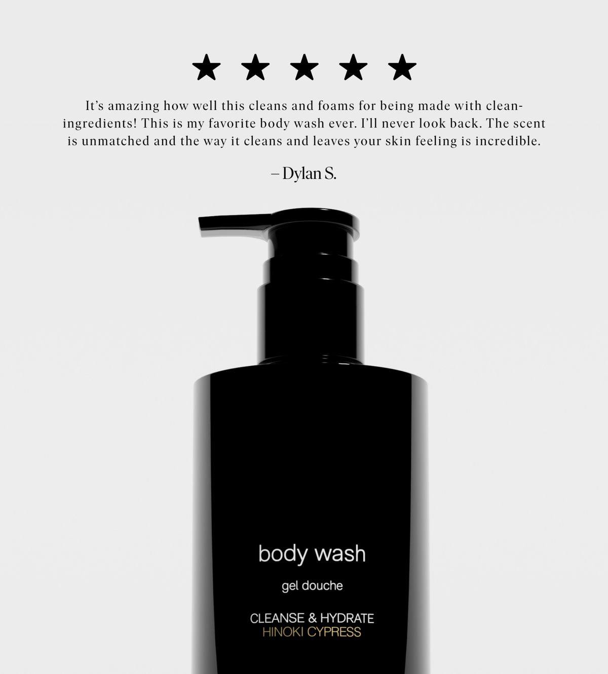 Five-star customer review of Jack Henry Body Wash above the pump bottle