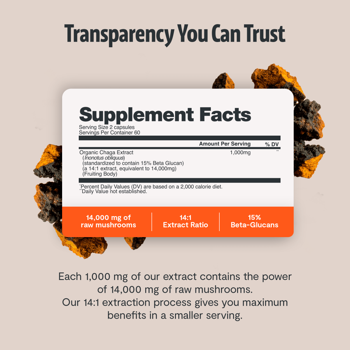FreshCap Mushrooms Chaga Capsules transparency: supplement facts, 14,000mg raw chaga, 14:1 ratio, 15% beta-glucans