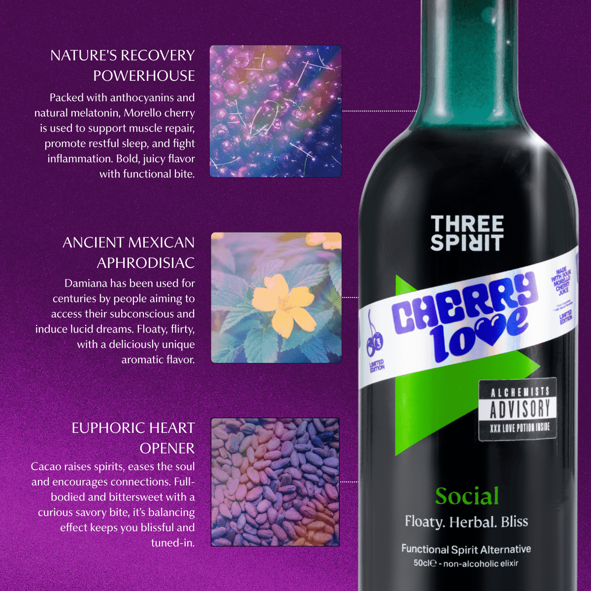 Cherry Love Social XXX • LIMITED EDITION Non - Alcoholic Botanical Elixir Three Spirit US