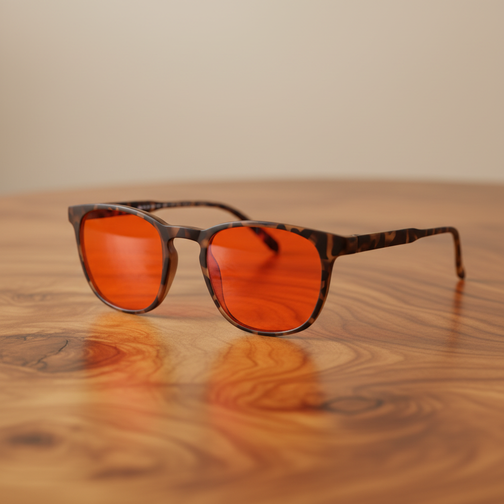 DreamWalkerz Dreamwave Tortoise Shell sleep glasses on a polished wood table