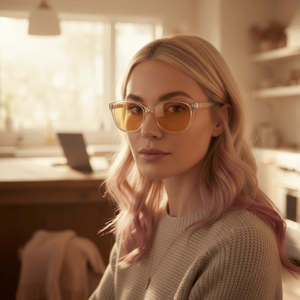 Woman with blonde hair wearing DreamWalkerz Cloudwalkerz Clear as Day glasses with amber lenses in a sunny kitchen